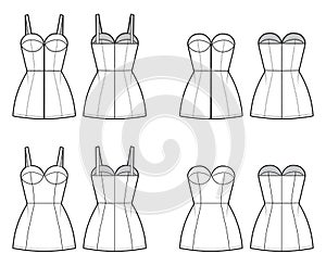 Set of dresses tube Zip-up technical fashion illustration with bustier, sleeveless, strapless, fitted body, mini length