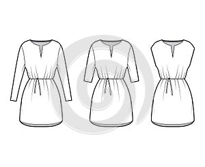 Set of dresses tunic technical fashion illustration with tie, long elbow sleeves, mini length skirt, slashed neck