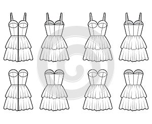 Set of dresses Zip-up bustier technical fashion illustration with sleeveless, strapless, fitted body, mini length ruffle