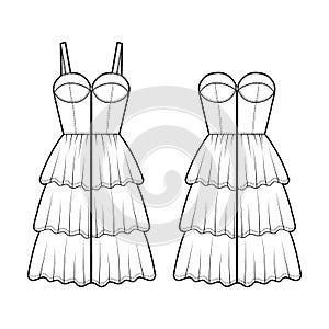 Set of dresses Zip-up denim bustier technical fashion illustration with sleeveless, strapless, knee mini length ruffle