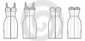 Set of dresses Zip-up tube denim technical fashion illustration with bustier, sleeveless, strapless, fitted body, knee