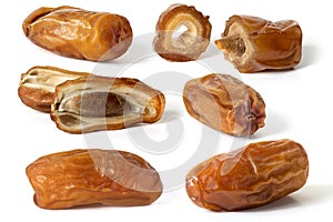 Set of  dried dates in close up on white background. Front view . Full depth of field