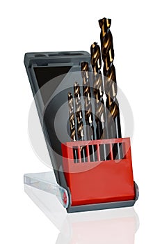 Set of drill bits in plastic box