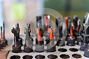 Set of drill bits in workshop