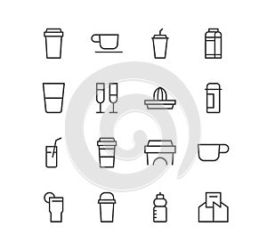 Set of drink and cup icons, cocktail, beverage, glass, coffee, alcohol, juice, tea.