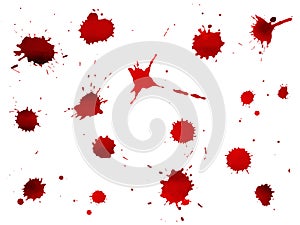 Set of dripping blood splashes, drops and trail red paint splatters on white background. Halloween concept. Vector