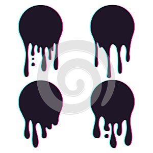 Set of dripping circle paint with glitch effect. Paint drip stickers or circle labels. Ink drop splash