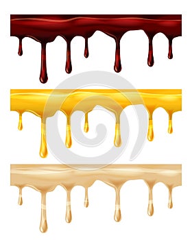 Set Dripping seamless chocolate, honey, caramel, dripps, liquid drop and splash, blood repeatable isolated on white