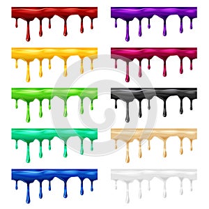 Set Dripping seamless different colours, dripps, liquid drop and splash, blood repeatable isolated on white, vector and