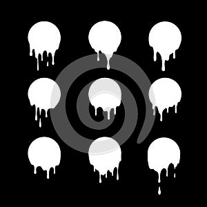 Set of dripping white circles. Liquid drops of ink. Dripping liquid. Vector illustration isolated