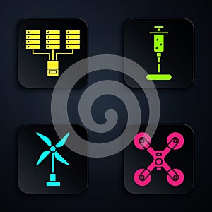 Set Drone flying, Server, Data, Web Hosting, Wind turbine and Syringe. Black square button. Vector