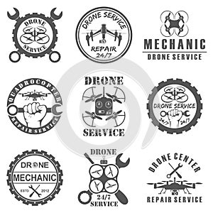 Set of drone logos, badges, emblems and design elements.