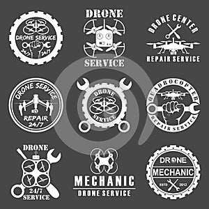 Set of drone logos, badges, emblems and design elements.