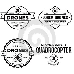 Set of drone logos, badges, emblems and design elements. Quadrocopter flying club, delivery logotypes