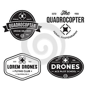 Set of drone logos, badges, emblems and design elements. Quadrocopter flying club, delivery logotypes