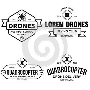 Set of drone logos, badges, emblems and design elements. Quadrocopter flying club, delivery logotypes