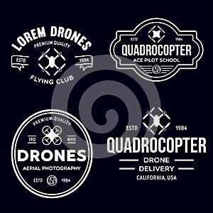 Set of drone logos, badges, emblems and design elements. Quadrocopter flying club, delivery logotypes