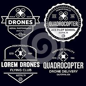 Set of drone logos, badges, emblems and design elements. Quadrocopter flying club, delivery logotypes