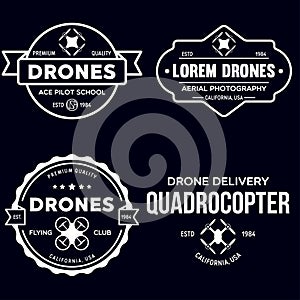 Set of drone logos, badges, emblems and design elements. Quadrocopter flying club, delivery logotypes