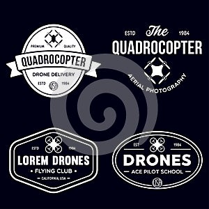 Set of drone logos, badges, emblems and design elements. Quadrocopter flying club, delivery logotypes