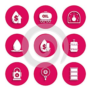 Set Drop in crude oil price, Motor gas gauge, Barrel, Propane tank, Petrol Gas station, Oil drop, and increase icon