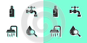 Set Drop and magnifying glass, Bottle of water, Shower head and Water tap icon. Vector