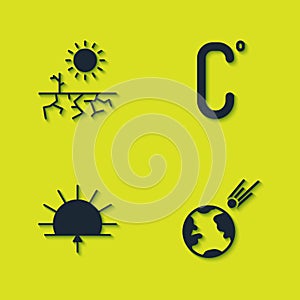 Set Drought, Comet falling down fast, Sunrise and Celsius icon. Vector