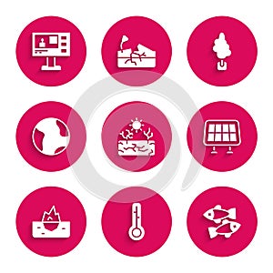 Set Drought, Meteorology thermometer, Dead fish, Solar energy panel, Iceberg, Earth globe, Tree and Television report