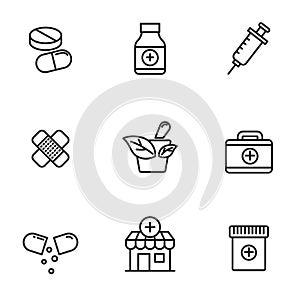 Set of drugs and medical icons in black line design