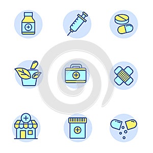 Set of drugs and medicine icons in linear color style