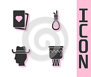 Set Drum, Deck of playing cards, Cowboy and Gallows rope loop hanging icon. Vector