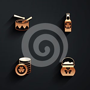 Set Drum with drum sticks, Beer bottle clover, Golden leprechaun coin and Pot of gold coins icon with long shadow