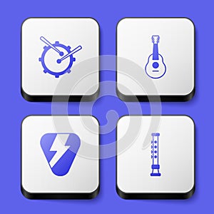Set Drum with drum sticks, Guitar, pick and Flute icon. White square button. Vector