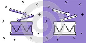 Set Drum with drum sticks icon isolated on white and purple background. Music sign. Musical instrument symbol. Vector
