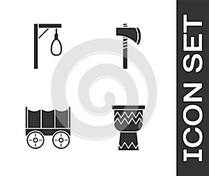 Set Drum, Gallows, Wild west covered wagon and Tomahawk axe icon. Vector