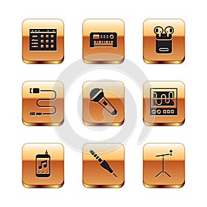 Set Drum machine, Music player, Audio jack, Microphone, Air headphones box, with stand and synthesizer icon. Vector