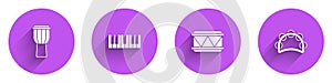 Set Drum, Music synthesizer, and Tambourine icon with long shadow. Vector