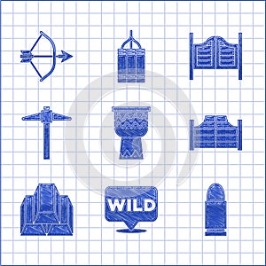 Set Drum, Pointer to wild west, Bullet, Saloon door, Gold bars, Pickaxe, and Bow and arrow quiver icon. Vector