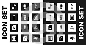 Set Drum sticks, Clarinet, Music note, tone, Stereo speaker, Microphone, Triangle and book with icon. Vector