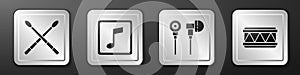 Set Drum sticks, Music note, tone, Air headphones and Drum icon. Silver square button. Vector