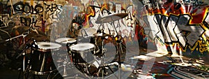 Set of drums in industrial building with vivid street art graffiti.