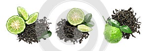 Set with dry tea leaves and bergamot fruits on white background, top view. Banner design