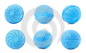 Set with dryer balls for washing machine on white background