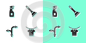 Set Drying clothes, Cleaning spray bottle, Industry metallic pipe and Rubber plunger icon. Vector