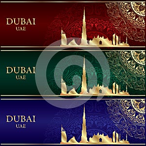 Set of Dubai skyline silhouette on vintage backgrounds