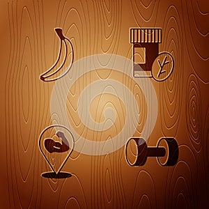 Set Dumbbell, Banana, Bodybuilder muscle and Vitamin pill on wooden background. Vector