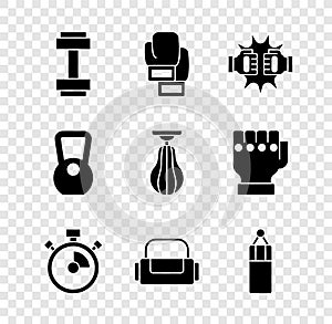 Set Dumbbell, Boxing glove, Punch boxing gloves, Stopwatch, Sport bag, Punching, Kettlebell and icon. Vector