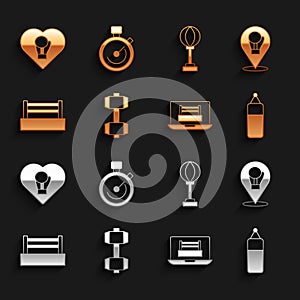 Set Dumbbell, Boxing glove, Punching bag, ring, and Stopwatch icon. Vector