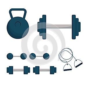 Set of dumbbell, expanders, training equipment isolated on white background. Fitness, bodybuilding concept clipart