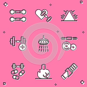 Set Dumbbell, with heart, Metal rack weight, Shower, Barbell, Sports doping dumbbell and Broken icon. Vector